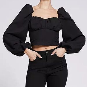 & Other Stories Crop Fitted Smocked‎ Corset Puff Balloon Long Sleeve Top Black 2